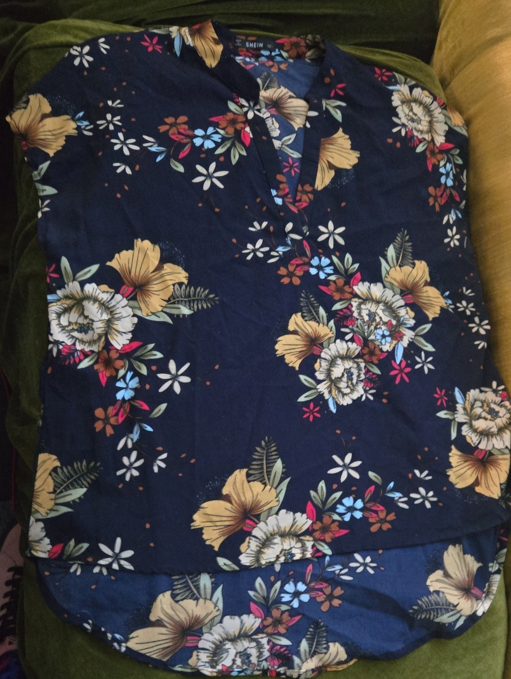 SHEIN Navy Floral High-Low Shirt with Yellow and Pink Accents